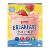 Carnation Breakfast Essentials Strawberry powder being poured for a quick, protein-rich breakfast.
