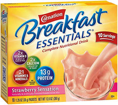 Carnation Breakfast Essentials Strawberry Sensation powder packet for a quick protein boost at breakfast.