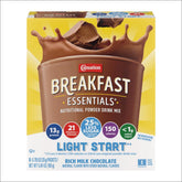 Carnation Light Start chocolate powder packet ready to mix for a quick breakfast.