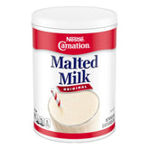 Carnation Malted Milk powder can-front, shelf-stable packaging for quick recipe prep