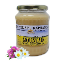 Carpathian Healer mountain honey jar highlights golden color and floral aroma, ideal for tea