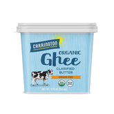 Carrington Farms Ghee label closeup highlighting organic, grass-fed origin for quality cooking.