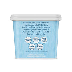 Carrington Farms ghee nutrition label shows organic, grass-fed source and vitamins