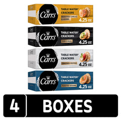 Carr's Roasted Garlic and Herbs crackers box beside a charcuterie board