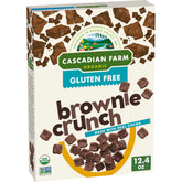Cascadian Farm Brownie Crunch Cereal box front highlighting gluten-free, organic breakfast appeal.