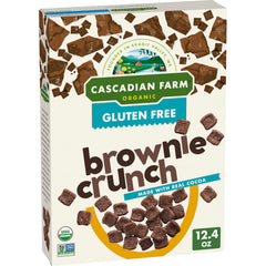 Cascadian Farm Brownie Crunch Cereal box front highlighting gluten-free, organic breakfast appeal.