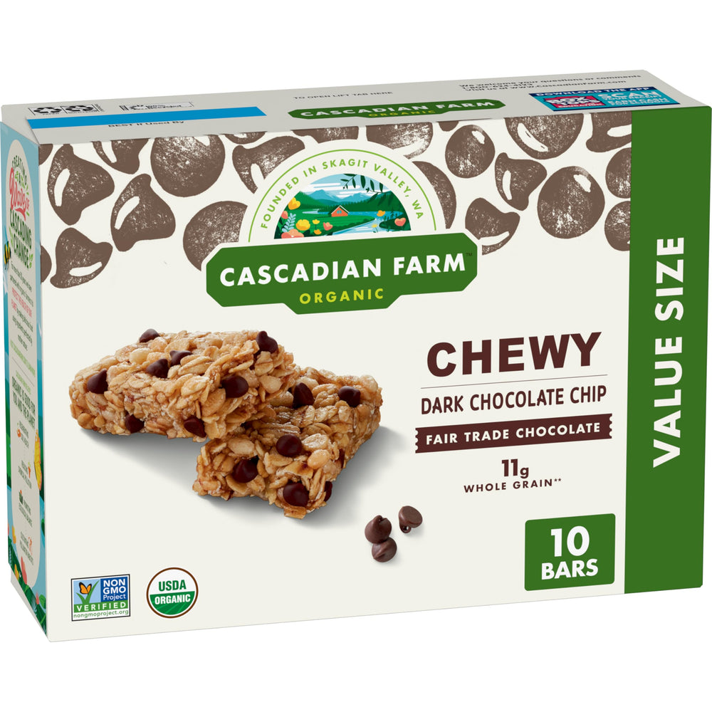 Cascadian Farm chewy granola bars with dark chocolate chips on the go.