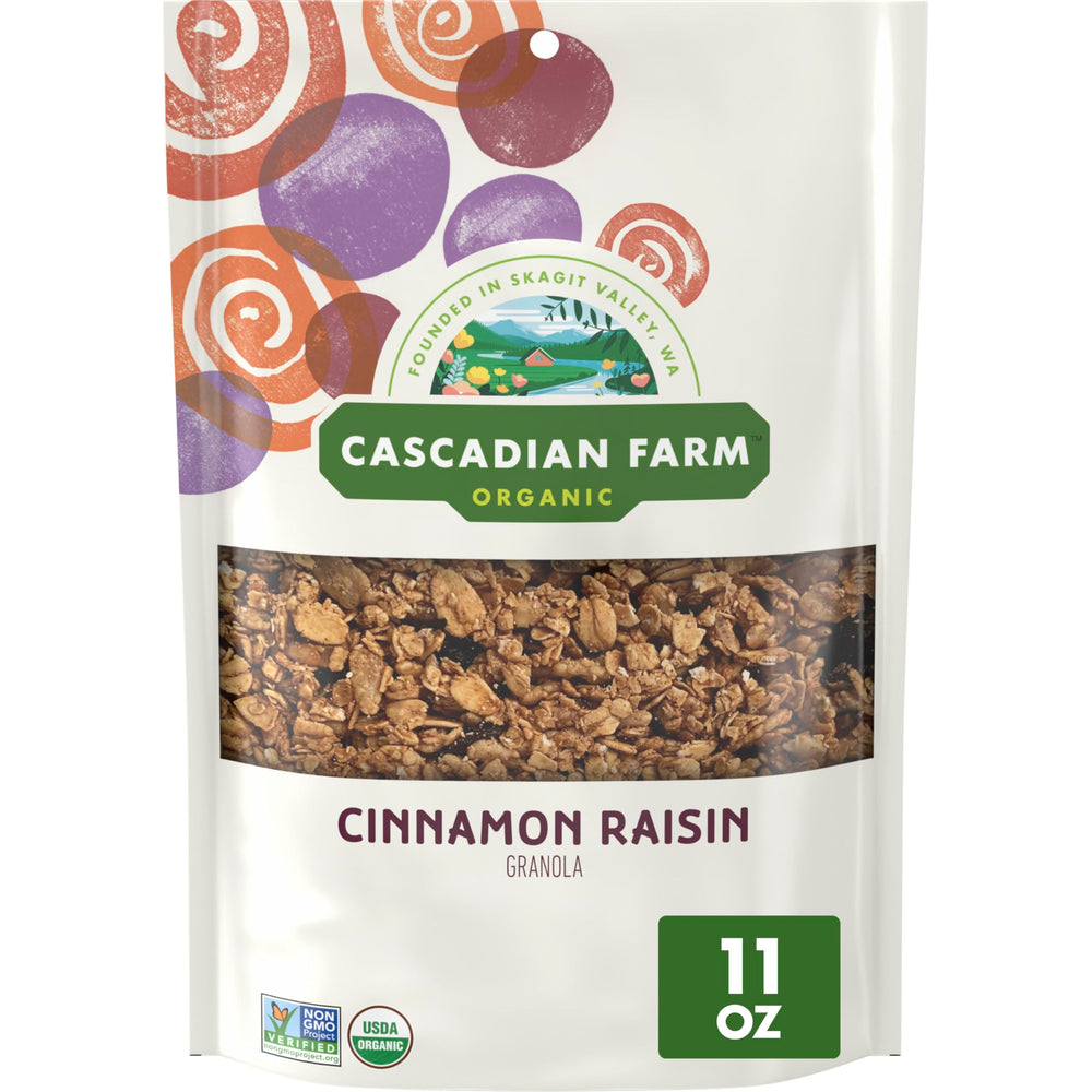Cascadian Farm Cinnamon Raisin Granola pack shot showcasing resealable pouch and branding