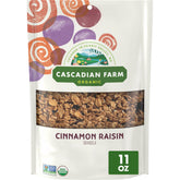 Cascadian Farm Cinnamon Raisin Granola pack shot showcasing resealable pouch and branding