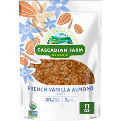 Cascadian Farm Granola French Vanilla Almond in resealable pouch preserves freshness for on-the-go snacking.