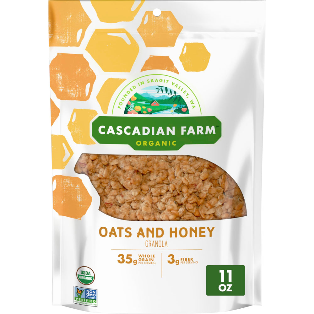 Cascadian Farm granola front label highlights organic oats and honey