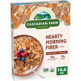 Cascadian Farm Hearty Morning Fiber cereal box shown for breakfast planning