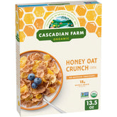 Cascadian Farm Honey Oat Crunch cereal package front with organic label for a wholesome breakfast.
