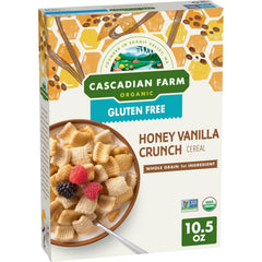 Cascadian Farm Honey Vanilla Crunch cereal box, organic and gluten-free option for a wholesome breakfast.