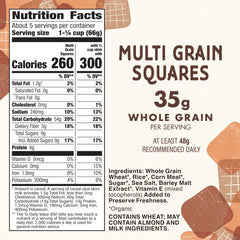 Cascadian Farm Multi Grain Squares cereal bowl with milk—crunchy whole grain start.