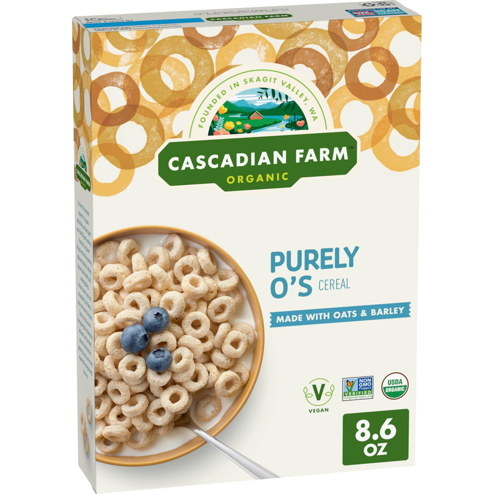 Cascadian Farm Purely O's cereal bowl showing wholesome grains and inviting crunch.