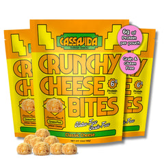 Cassavida Crunchy Cheese Bites pack front, gluten-free snack for busy days.