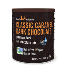 Castle Kitchen Classic Caramel Dark Chocolate hot cocoa packaging shot highlights dairy-free, gluten-free convenience.