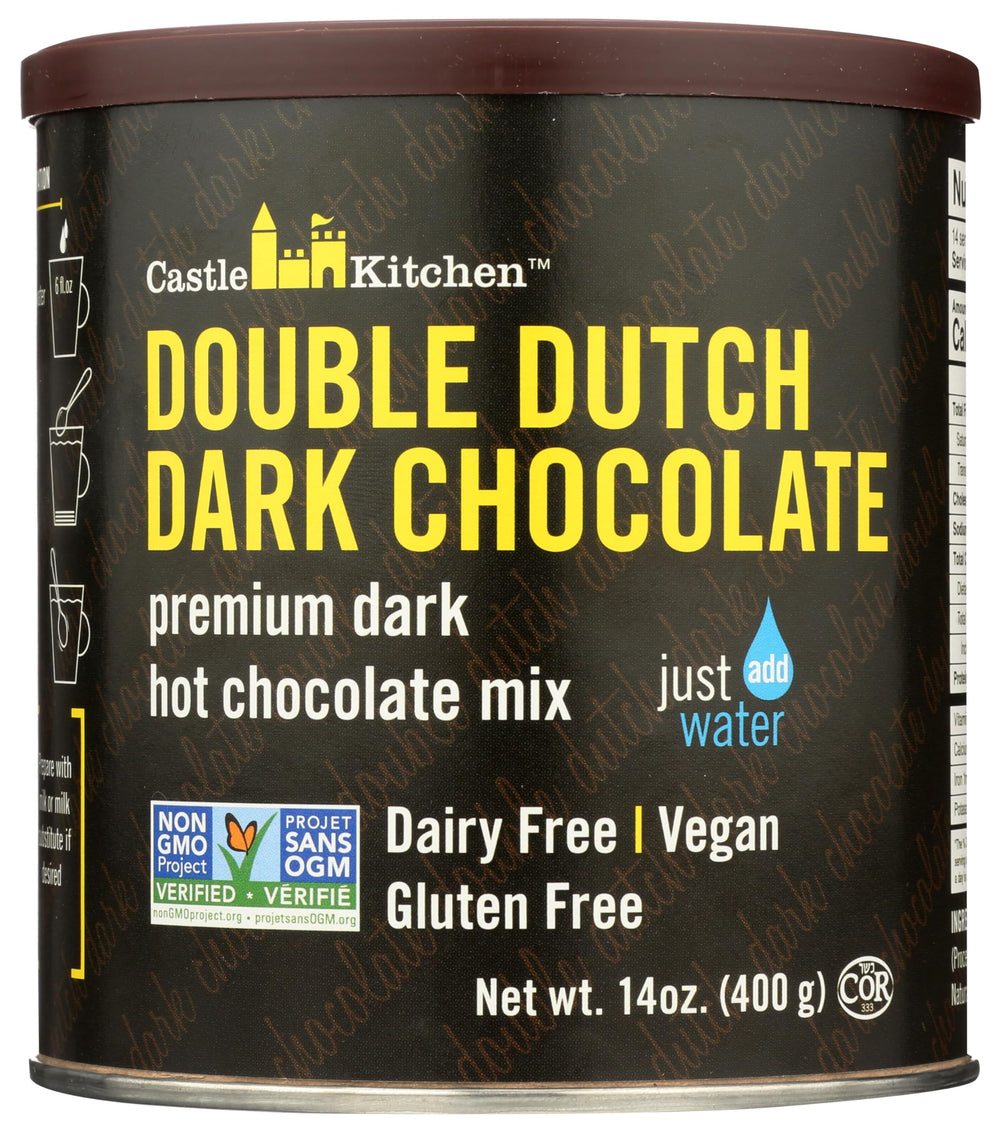 Castle Kitchen Double Decadent hot cocoa tin front view, dairy-free comfort for cozy evenings.