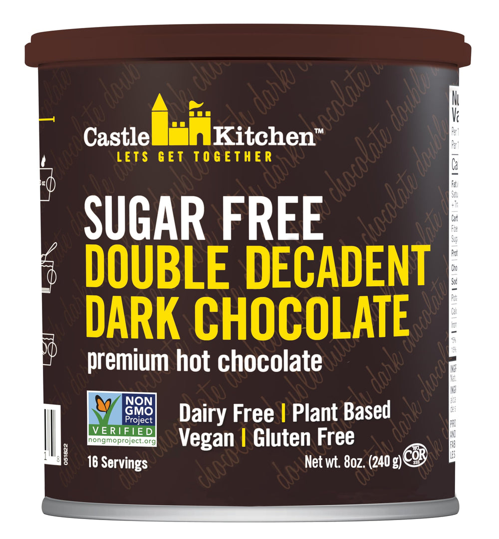 Castle Kitchen sugar-free double decadent dark hot chocolate canister closeup for keto-friendly indulgence