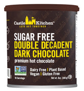 Castle Kitchen sugar-free double decadent dark hot chocolate canister closeup for keto-friendly indulgence
