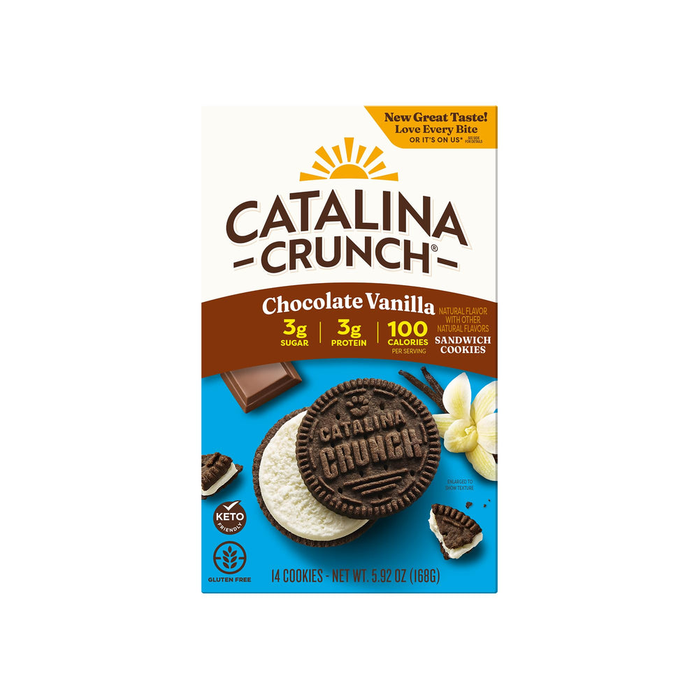 Catalina Crunch Chocolate Vanilla Sandwich Cookie showing rich layers for keto-friendly snacking.