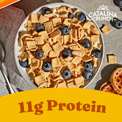 Catalina Crunch cinnamon toast bowl emphasizing protein-rich crunch.
