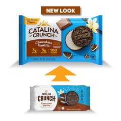 Close-up of sandwich cookies with creamy vanilla filling from Catalina Crunch.