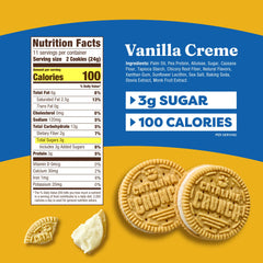 Two Catalina Crunch Vanilla Creme cookies with creamy filling, protein-packed treat