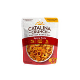 Catalina Crunch protein snack mix with cheese crisps on front of resealable bag for on-the-go protein