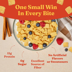 Pouring Catalina Crunch protein cereal from a spoon, highlighting 11g protein per serving.