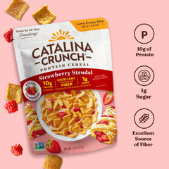 Close up of Catalina Crunch Strawbrry Strudel cereal flakes in a transparent bowl