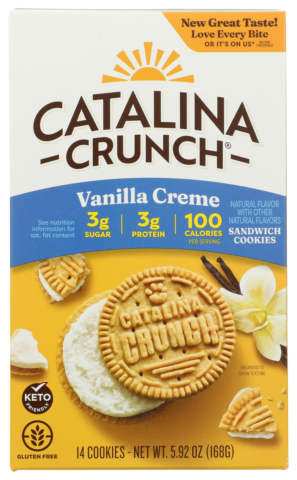 Catalina Crunch Vanilla Creme Sandwich Cookies pack; keto-friendly, low sugar snack for busy days.