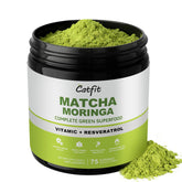Catfit Matcha powder bottle highlights smooth energy and focus for daily routines.