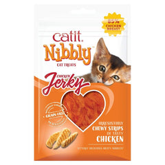 Catit Nibbly Jerky chicken strips demonstrate soft texture for easy chewing and enjoyment.