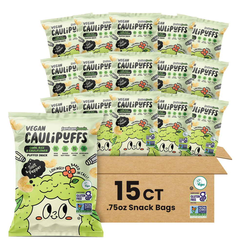 CauliPuffs bag open reveals light, gluten-free snacks ideal for family movie nights.