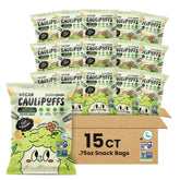CauliPuffs bag open reveals light, gluten-free snacks ideal for family movie nights.