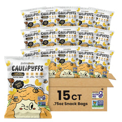 CauliPuffs Honey BBQ bags front — gluten-free snack for on-the-go families.
