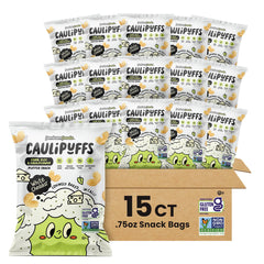 Caulipuffs White Cheddar bag on table shows gluten-free snack convenience.