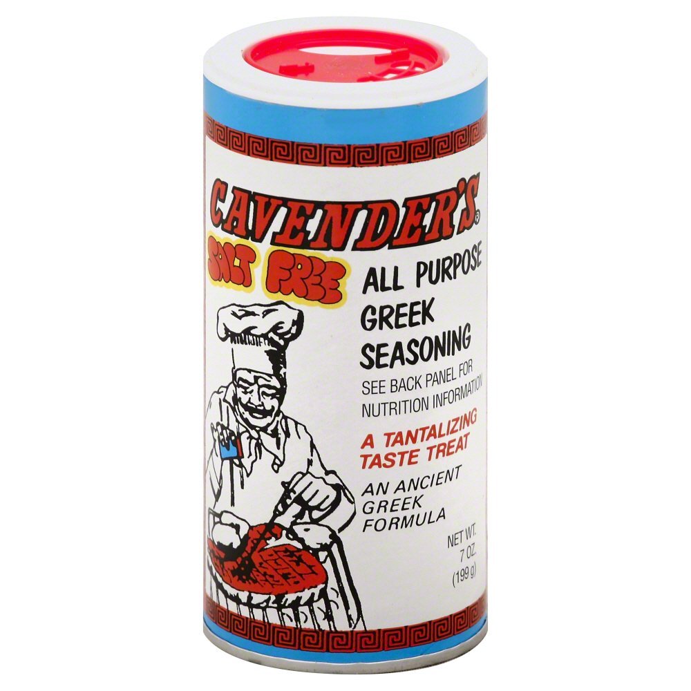 Cavender's Greek Seasoning 7oz bottle front for versatile flavoring on meats and vegetables.