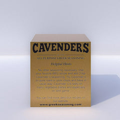 Cavender's Greek Seasoning jar front label highlights a 13-ingredient blend for bold taste.