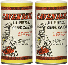 Cavender's Greek Seasoning jar on counter ready to elevate seafood and vegetables.