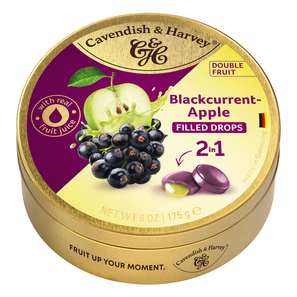 Cavendish & Harvey Double Fruit Drops in blackcurrant exterior, ideal for gifting
