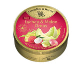 Cavendish & Harvey lychee melon drops in a gold tin, ideal for gifting.