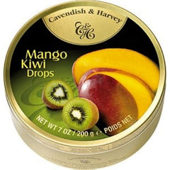 Cavendish & Harvey Mango Kiwi Drops gold tin label emphasizes quality ingredients and German craftsmanship.