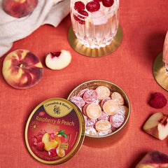 Cavendish & Harvey raspberry peach drops with gooey centers, a delightful fruit treat.