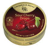 Cavendish & Harvey Sour Cherry drops in a gold tin, ideal for gifting.
