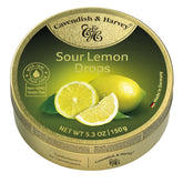 Cavendish & Harvey Sour Lemon Drops in a gold tin for freshness and serving ideas.