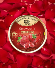 Cavendish & Harvey close-up shows the creamy strawberry filling inside the candy drops.