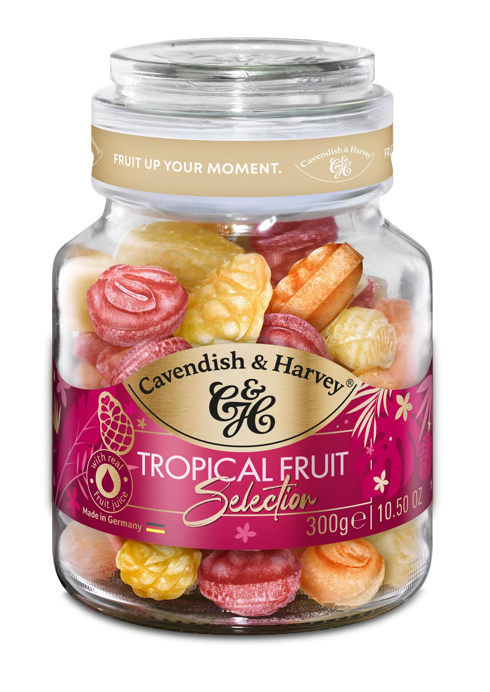 Cavendish & Harvey Tropical Selection candies in a glass jar, ideal for gifting.